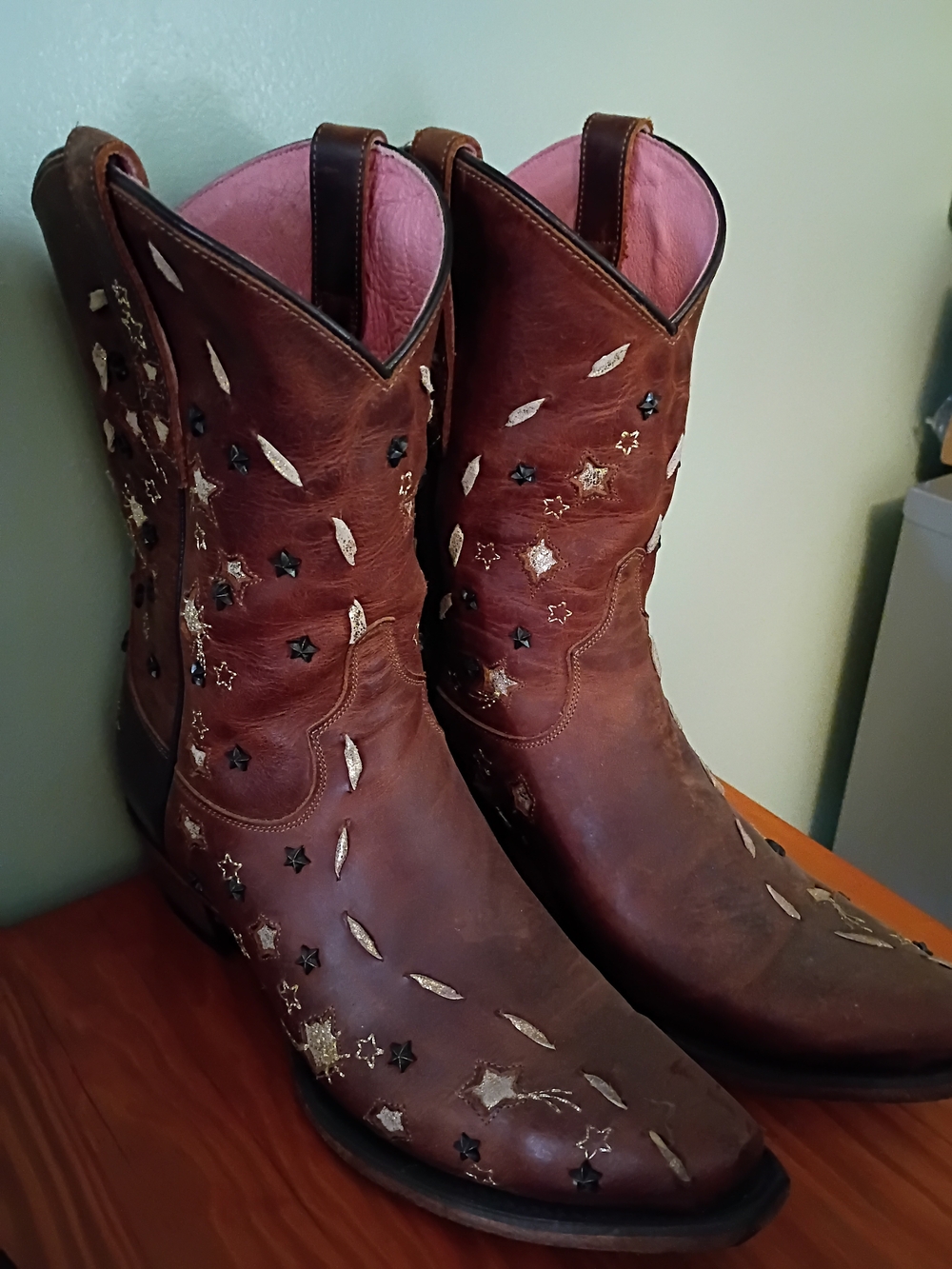 Women's Brown Embellished Junk Gypsy Western Boots with Pink Lining